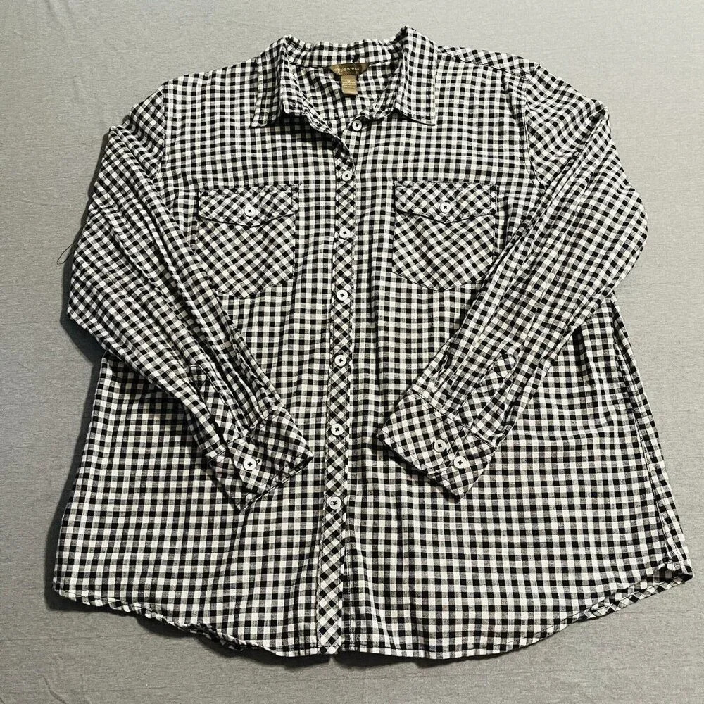 Bit & Bridle Top Women XL Plaid Black White Button Up 100% Cotton Shirt